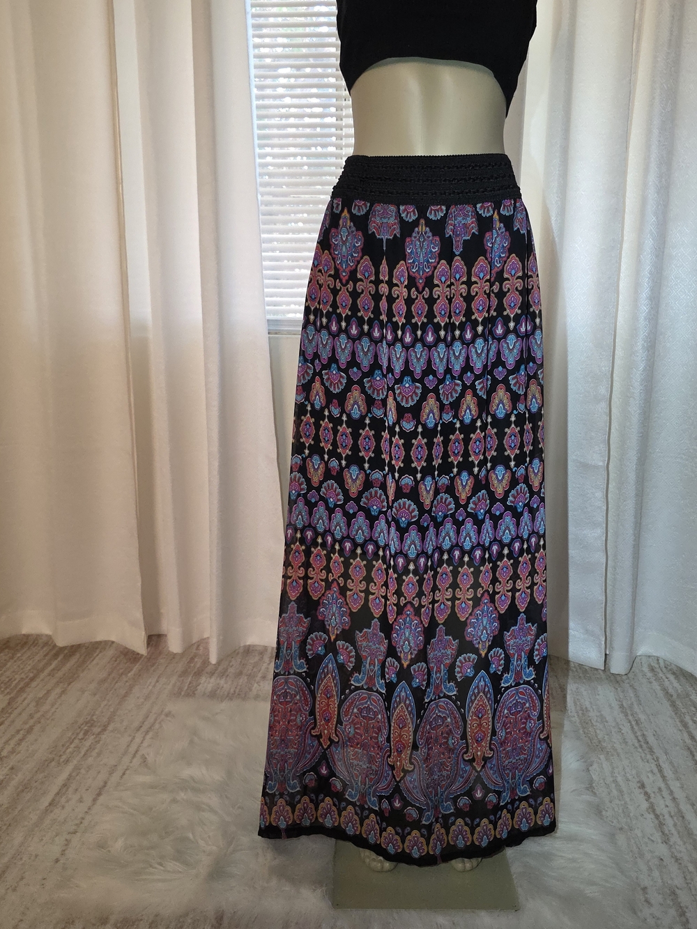 Black Boho Paisley  Print Maxi Skirt